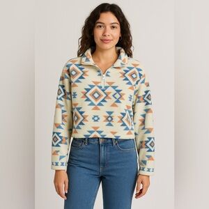 Hippie Rose Geometric Fleece Sweatshirt - Blue, Orange, Cream